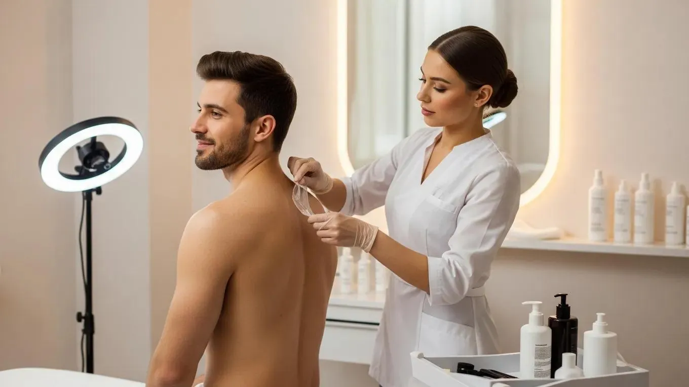 Men's back and chest waxing preparation in a modern salon setting